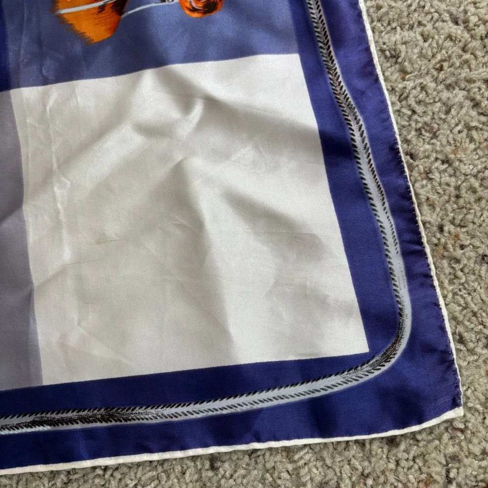 Vintage Horse Scarf Blue‎ White Plaid Equestrian Satin Square Neck Scarf Art SEE